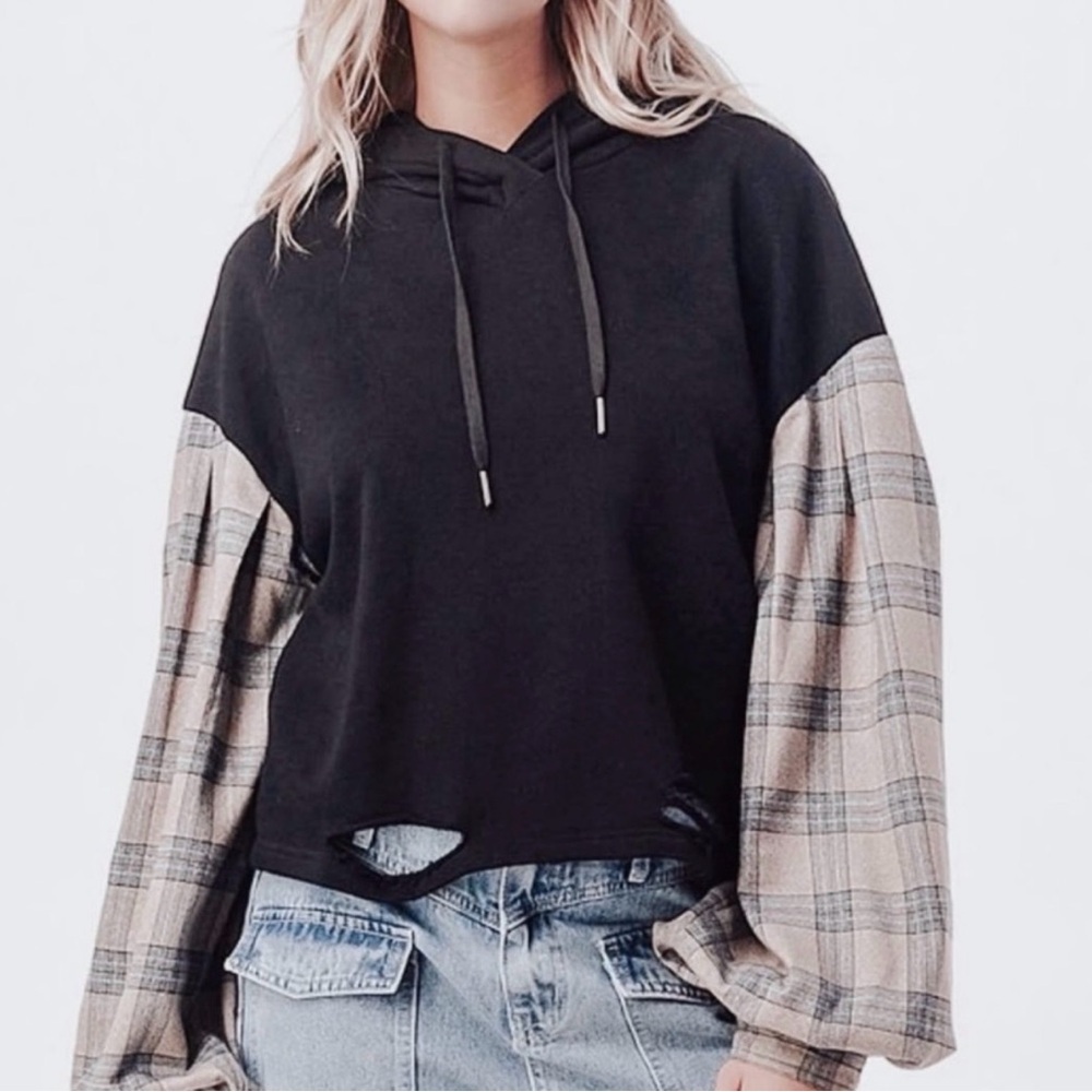 Dance & Marvel Plaid Sleeve Black Hoodie